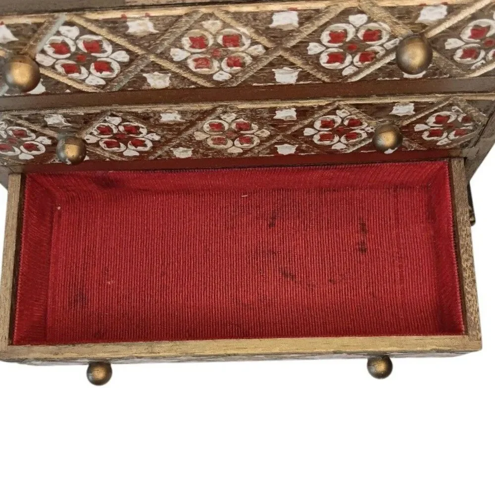Vintage MELE Jewel Case Red & Gold Gilt Wood Jewelry Box Florentine Style Japan